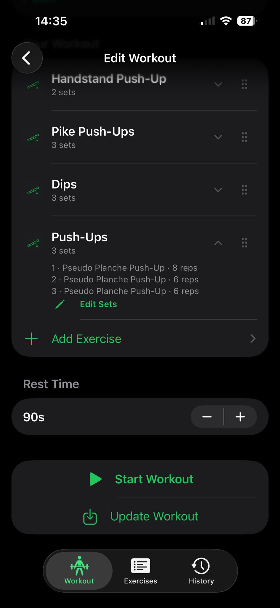 Editing a workout plan