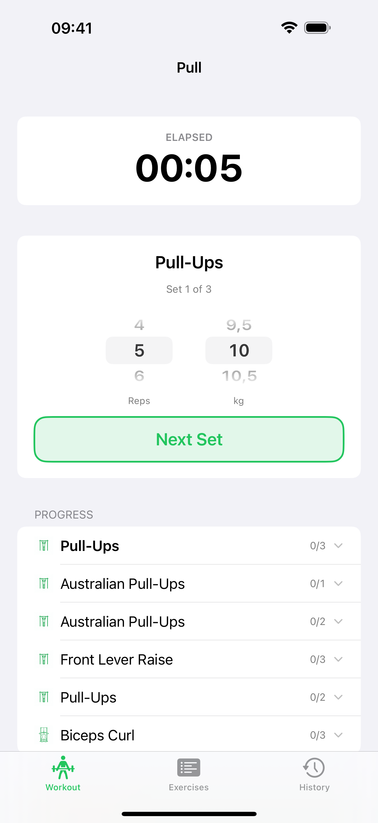 Active workout with rest timer and set logging